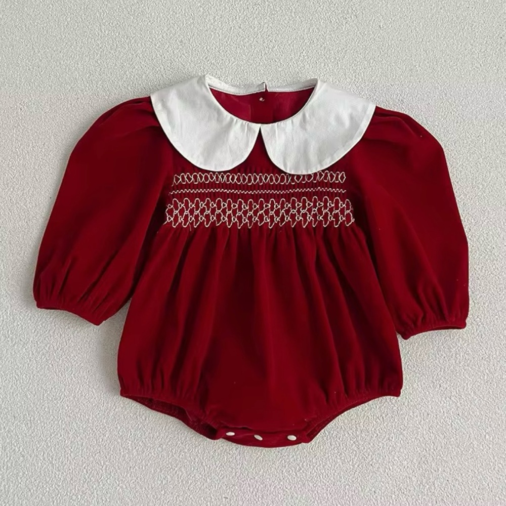 Red Velvet Baby Romper with White Collar